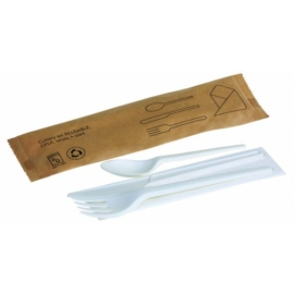 Naturesse CPLA többször használható evőeszközszett (kés, villa, teáskanál, szalvéta), kraft papírba csomagolt, fehér (16,8 cm)