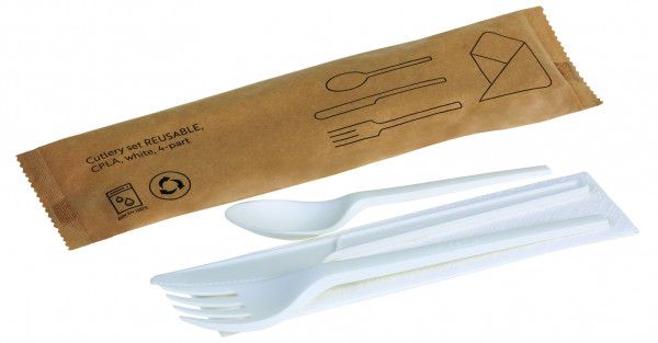 Naturesse CPLA többször használható evőeszközszett (kés, villa, teáskanál, szalvéta), kraft papírba csomagolt, fehér (16,8 cm)